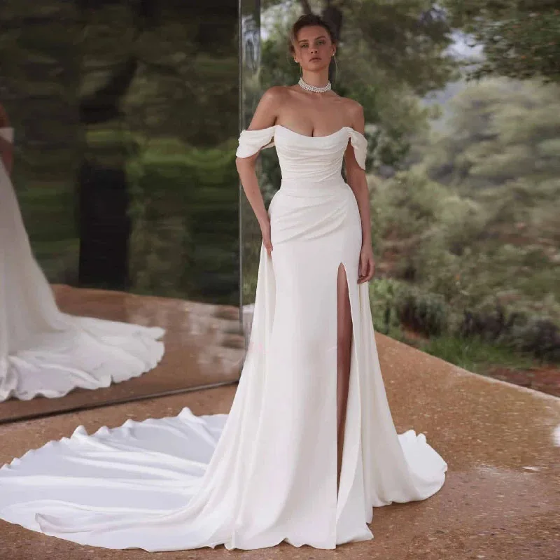 

BOMP Wedding Dress Off Shoulder Side High Slit Detachable Train Ivory Satin Classic Bridal Gown Customized Robe de mariée