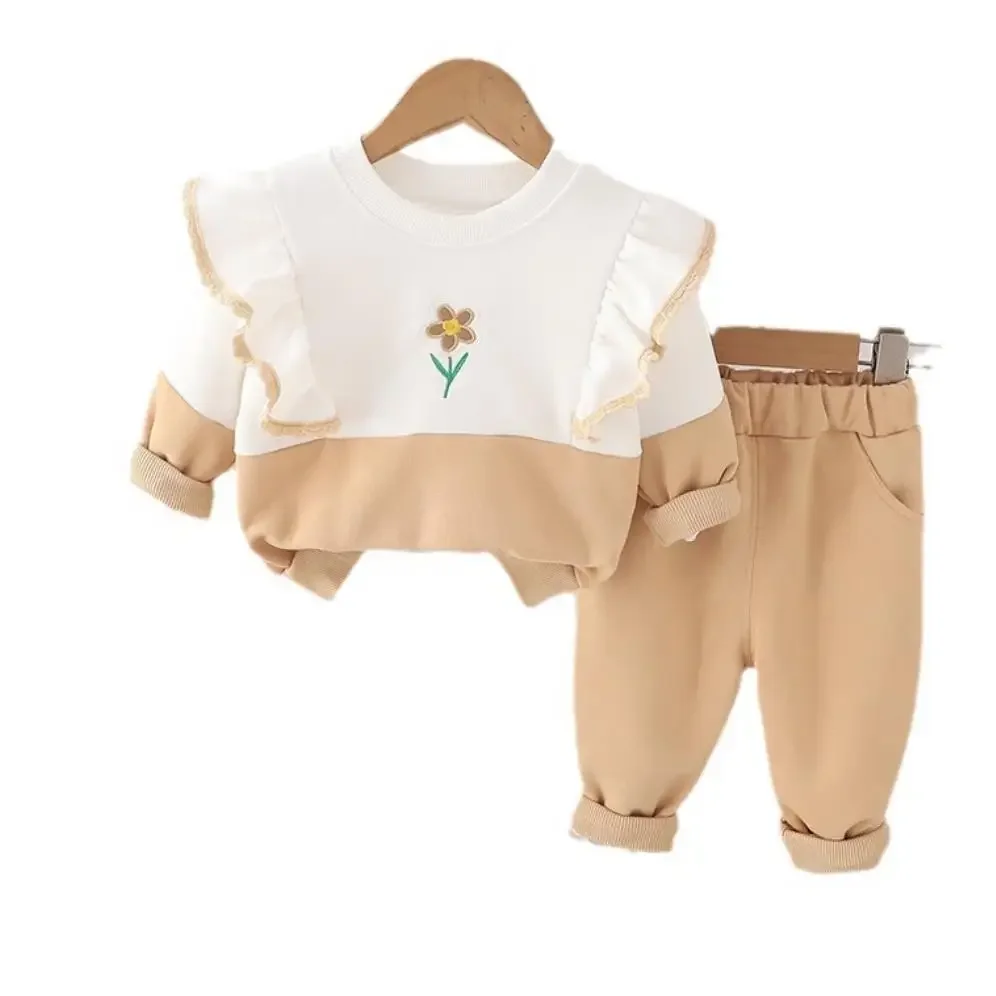 Sweat-shirt et pantalon à manches longues en dentelle brodée pour enfants, ensembles de tenues pour tout-petits, vêtements pour bébés, style coréen, 2 pièces, automne 2024