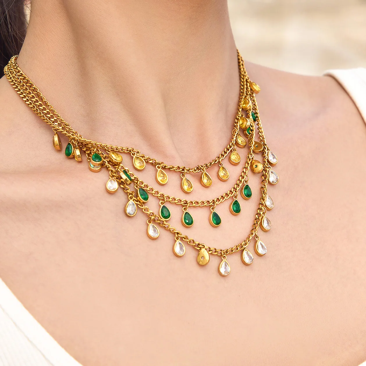 316L Edelstahlkette mit 18K Vergoldung, bunter Tropfen-Zirkonia-Anhänger, kubanische Gliederkette, Boho-Regenbogen-Stil für Damen