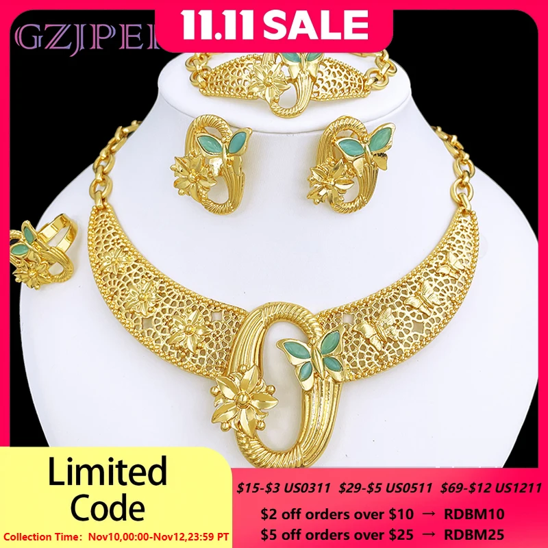 

Дубай 18K позолоченная искусственная кожа высокого качества 4 шт. комплект ювелирных изделий ожерелье серьги браслет и кольцо свадебный подарок