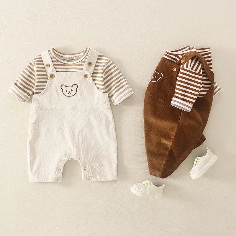 Korean Style Baby Spring Set - 2PC Cute Romper & Overalls, Newborn Outfit for Boys & Girls 0-24M