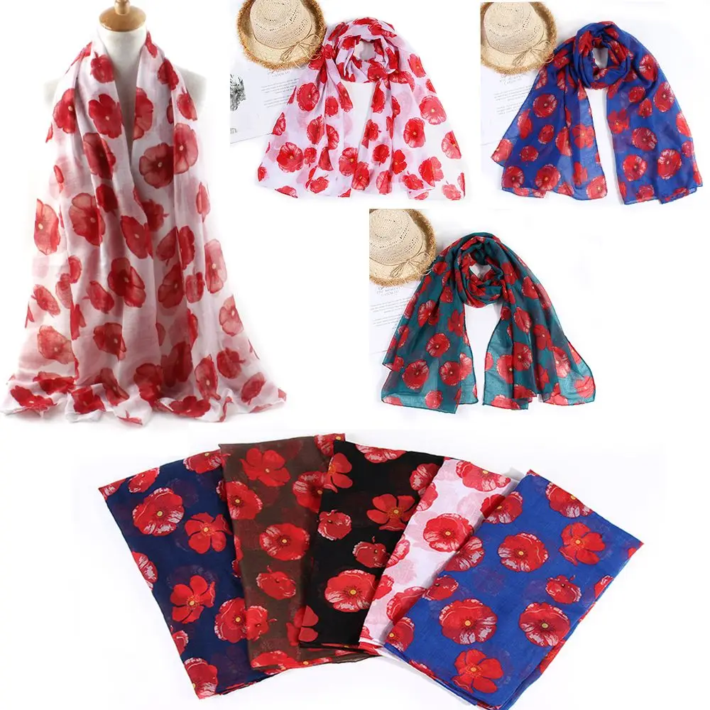 Colorful Poppy Print Scarf Smooth 180*90cm Poppies Floral Wrap Breathable Cotton Voile Poppy Floral Shawl for Women Ladies