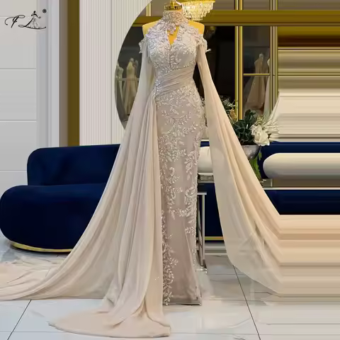 Celebrity Evening Gown High Neck Pearl Crystal Embroidered Mermaid Dress with Train Openwork Cocktail Dress Party Dress