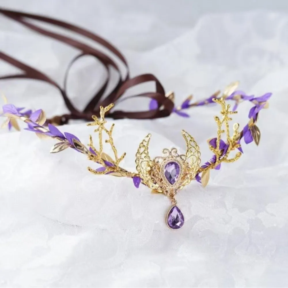 Festival Vine Elven Crown Diadem Rhinestone Decorated Elf Tiara Simulate Tree Leaves Fantasy Fairy Headpiece Forest Wedding