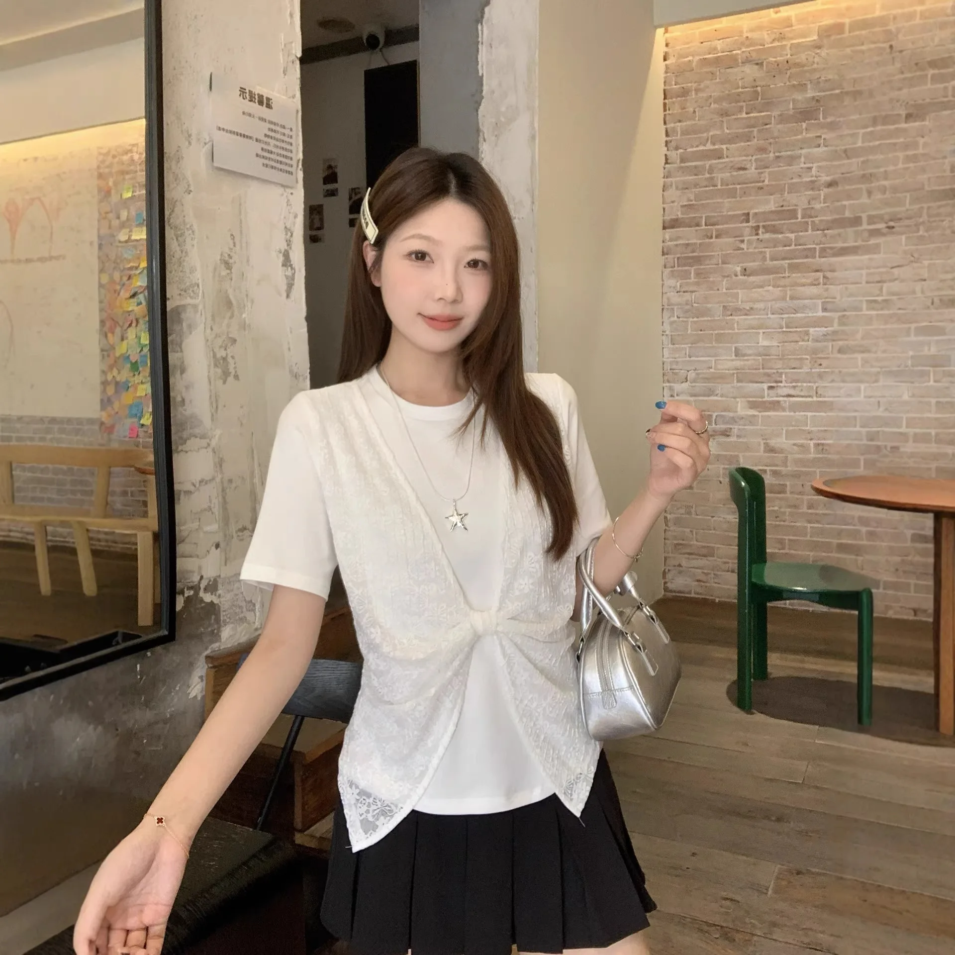 Plus Size plus Size Lace Splice Short Sleeve Women's Summer T-shirt Top Knot Design Slimming Effect Casual Korean Style Cotto...
