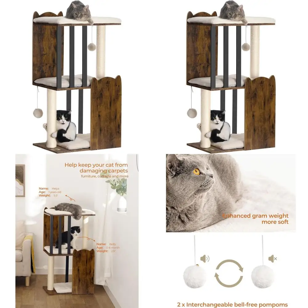 

35.4 3-Level Wooden Cat Tree with Sisal Posts, Big Base, Rustic Brown