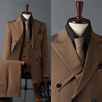 男性用スリーピーススーツセット,フォーマルスーツ,ダブルブレスト,長袖,ビジネスウェア,秋