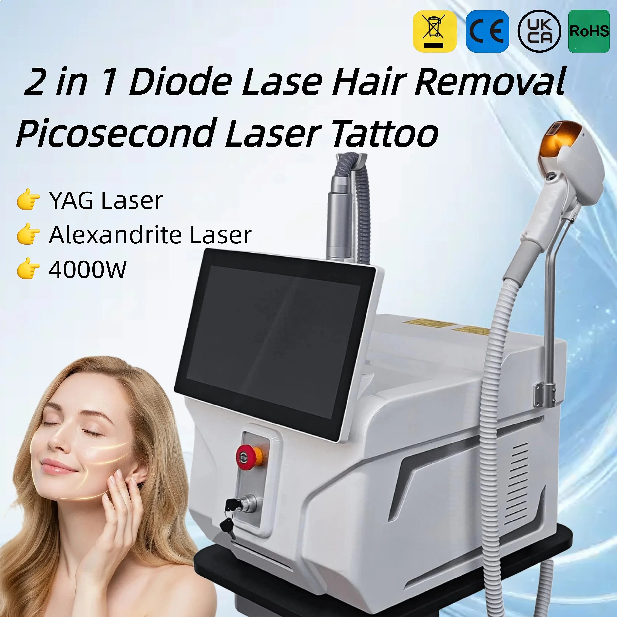Painless Diode Laser Hair Removal Machine 4 Wavelengths 808nm 940nm for Face Bikini Line All Skin Types Dark Skin