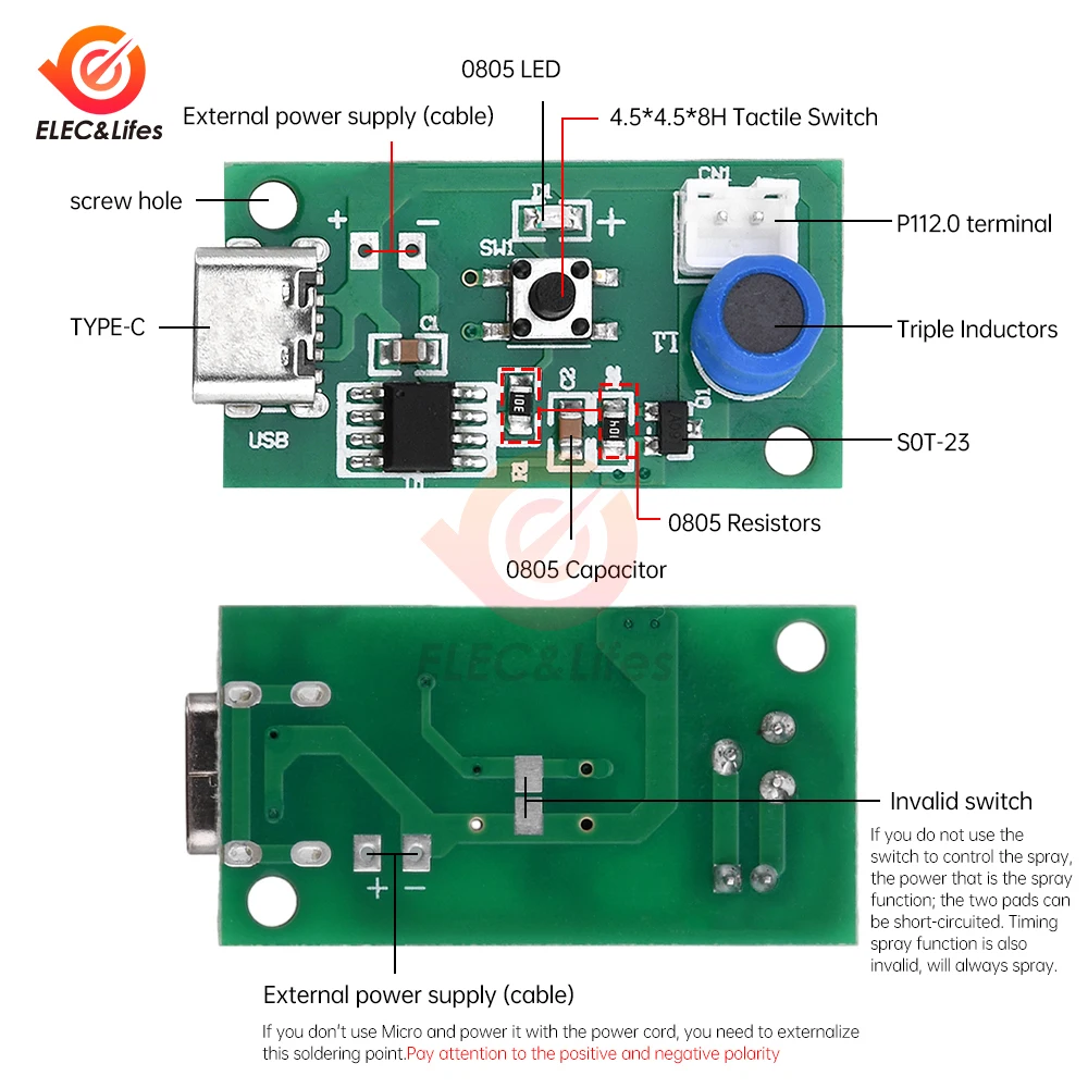 Módulo humidificador de atomización ultrasónica de un solo pulverización DC 5V, accesorios de pulverización, Kit de humidificación DIY con soporte USB tipo c
