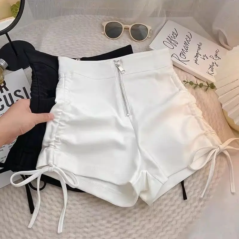 Women's High-Waisted Drawstring Shorts, Zipper Front Ruched Side Skinny Shorts, Casual Bodycon Short Pants In 2 Colors