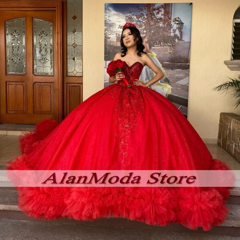 

Luxury Red Quinceanera Dresses For Mexican Girls Sweetheart Applique Beading Vestidos de 15 Años Ball Gown Prom Dress