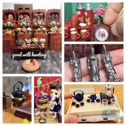 1:12 Doll House Miniature Sculpture Buddha Hand String Incense Burner Pu Fan Bird Cage Tea Set Clock Tea Room OB11 Scene Model