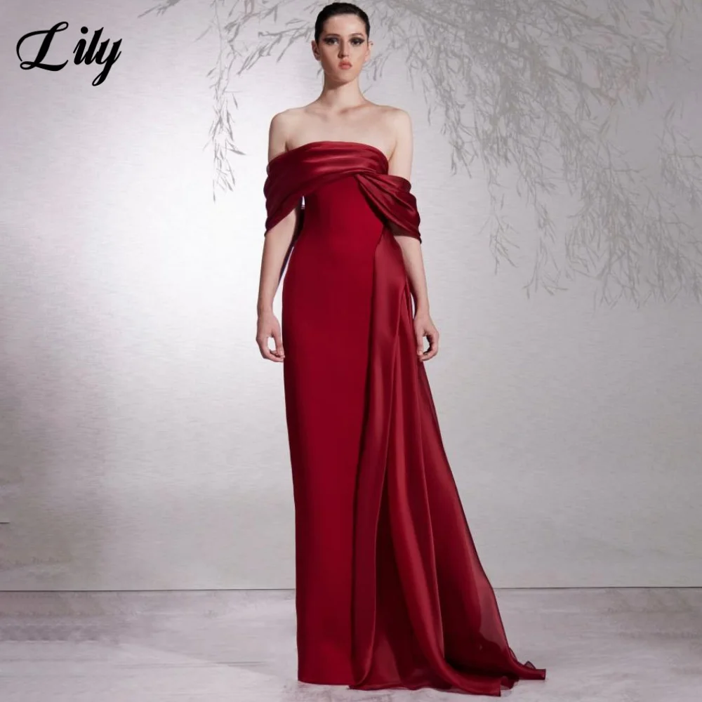

Атласное вечернее платье с открытыми плечами Lily бордового цвета فساتين السهرة со складками со шлейфом и украшениями по индивидуальному заказу