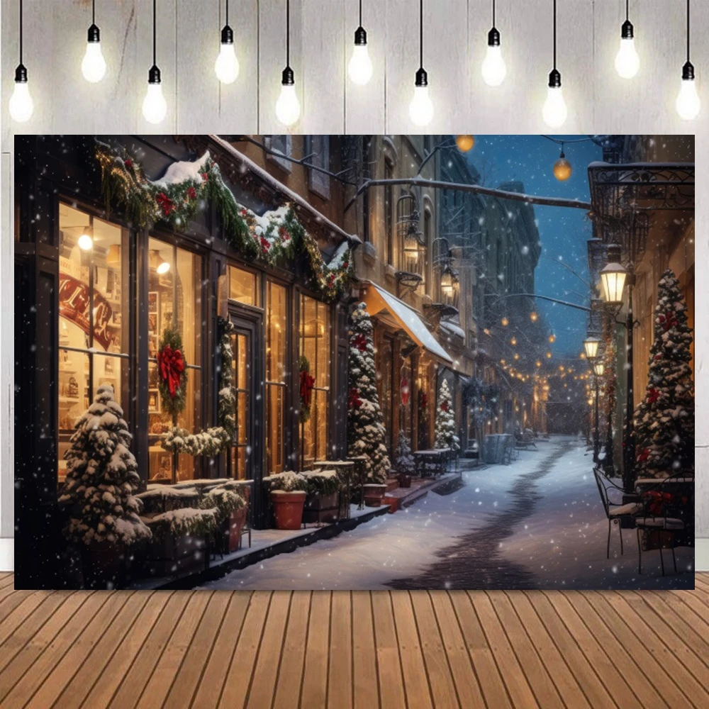 Winter verschneite Straßenlaterne Weihnachten Foto Hintergrund Weihnachtsbaum Lampen schnee bedeckt Straße Winter Nachtansicht Fotografie Hintergrund