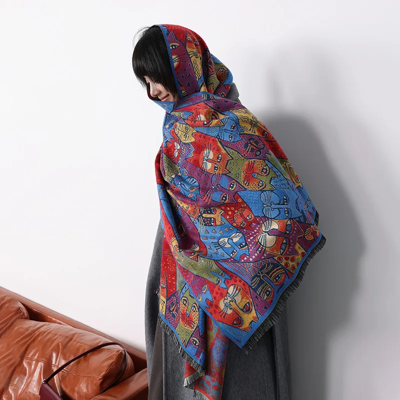 

Женский элитный осенний абстрактный шарф с кошачьим дизайном, двусторонний жаккардовый утолщенный большой шаль из искусственного кашемира премиум-класса