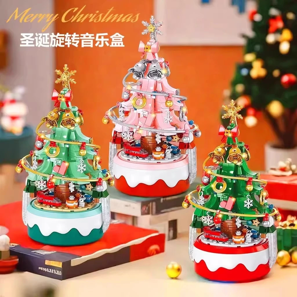 

Rotating Merry Christmas Christmas Tree Music Box Assembled Building Blocks Desktop Decoration Assembly Toys Kids Gifts