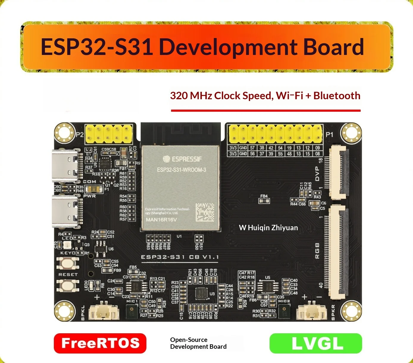 ESP32-S31 Development Board, RGB Touchscreen/DVP Camera Interfaces, Dual MEMS Mics, Speaker Ports, 16MB PSRAM, Wi-Fi