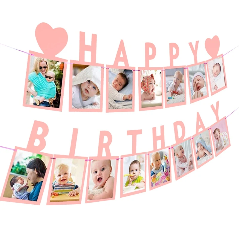 Happy Birthday Photo Frame Banner First 1st Bithday Party Decoration Kids Baby Boy Girl One Year 12 Month Newborn Photo Garland