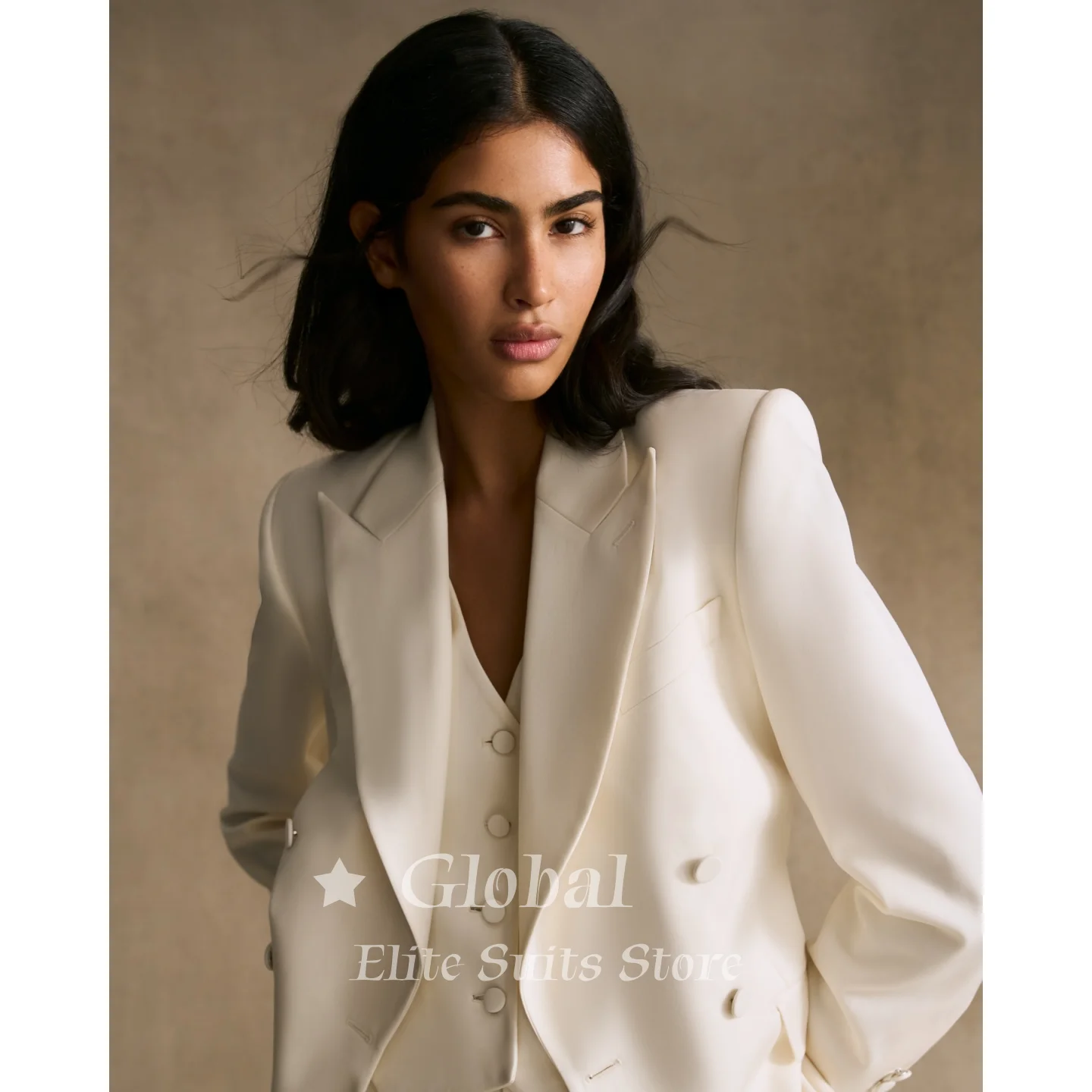 Women's White 3 Piece Suit Double Breasted Peak Lapel Slim Fit Formal Business Wedding Blazer Vest & Wide Leg Pants Customized