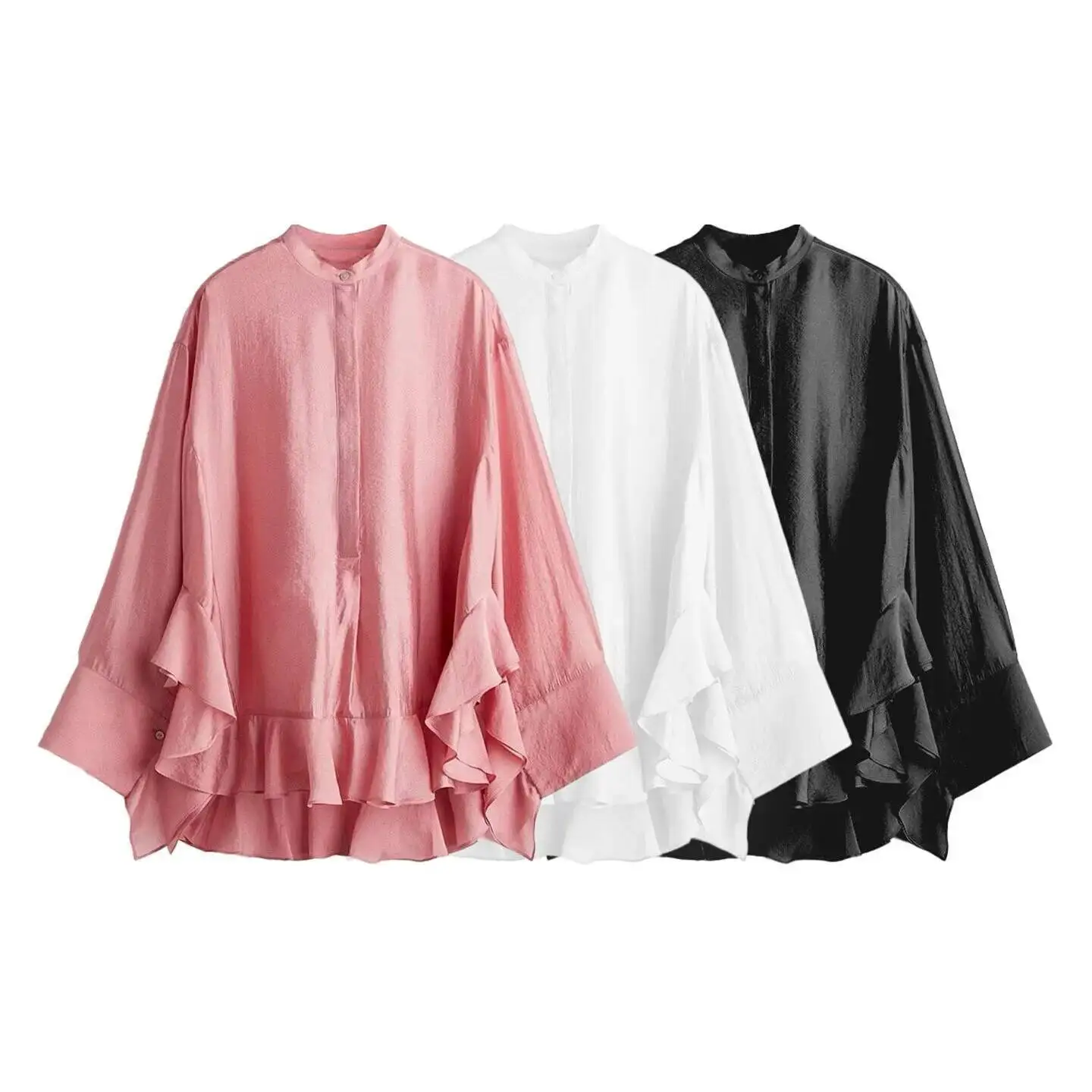 European American Style Autumn New Women's Clothing Gentle And Fashionable Pink Ruffled Shirt Top