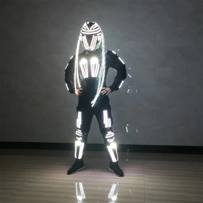 2025 كرنفال RGB التحكم عن بعد LED روبوت مضيئة درع وامض زي مع خوذة ملونة مرحلة الأداء الملابس