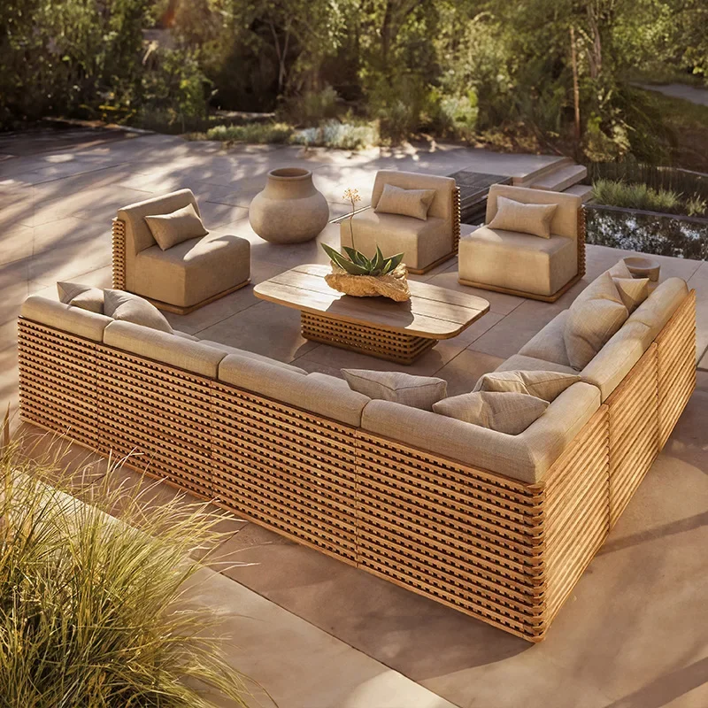 Outdoor teak tables and chairs, terrace waterproof and sunscreen homestay solid wood tables and chairs