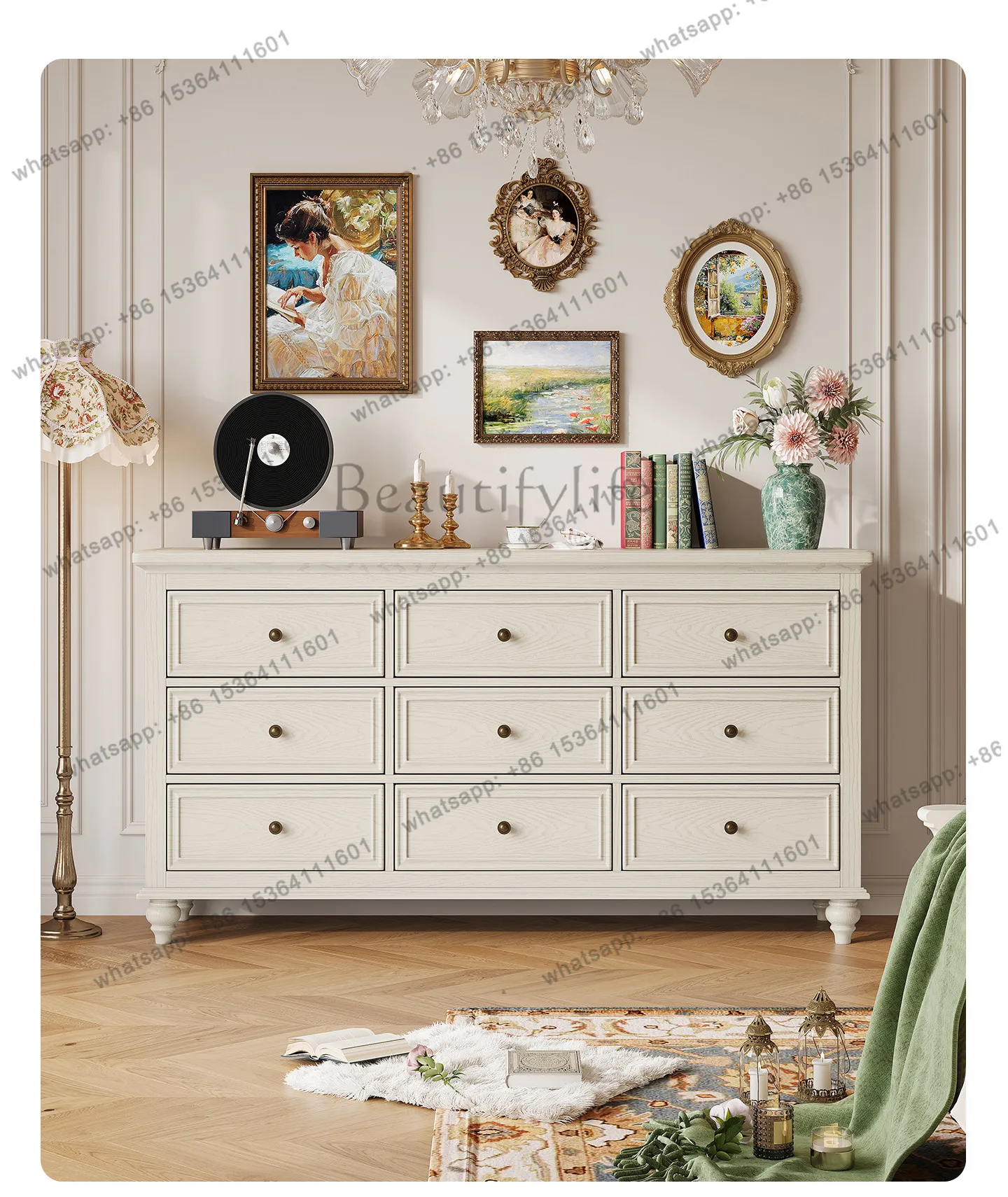 

Bucket cabinet American white all solid wood household living room against the wall nine bucket locker