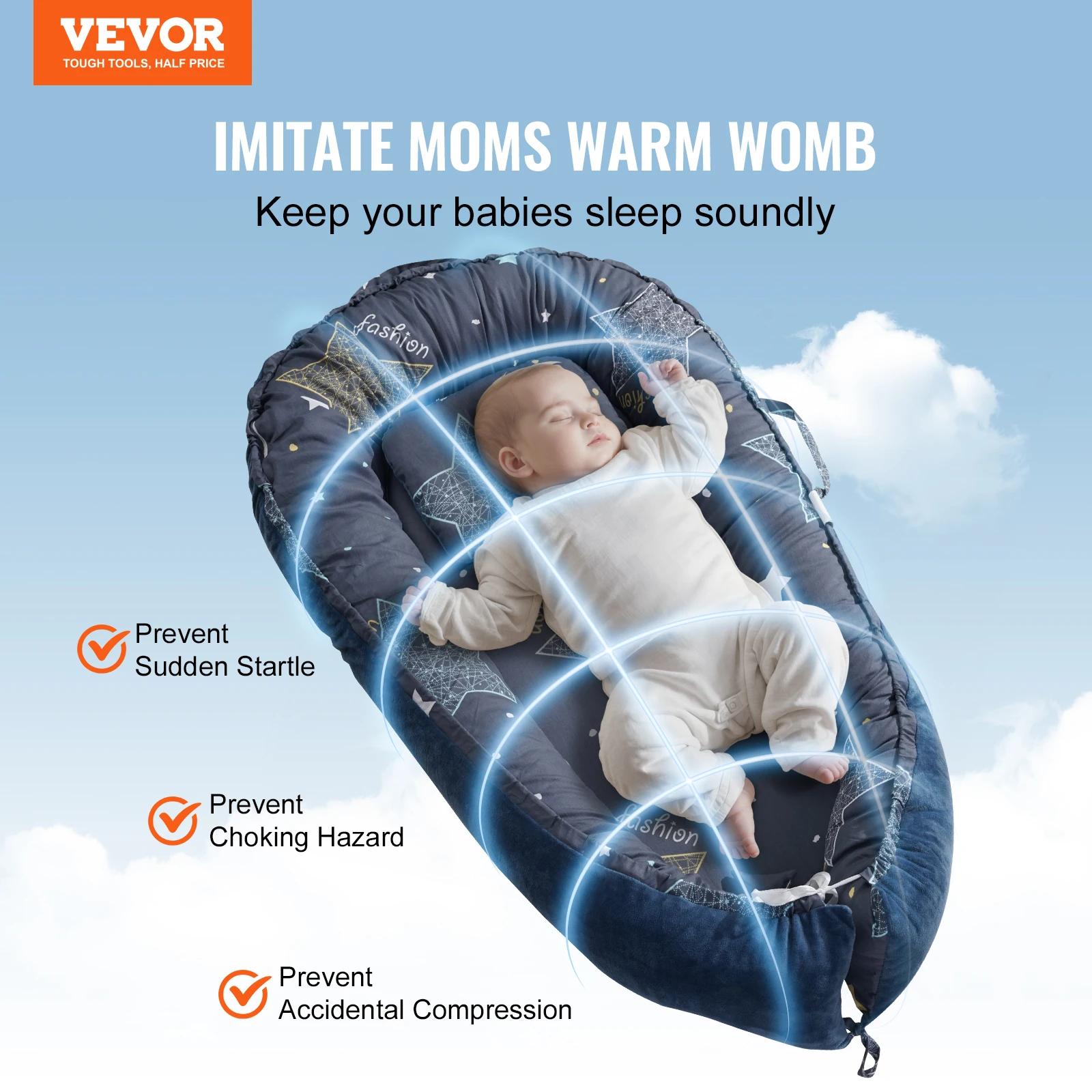 VEVOR Baby Lounger 100% Cotton Soft Infant Lounger Pillow with Headrest & Double-Sided Cover Portable Baby Floor Seat Sleeper