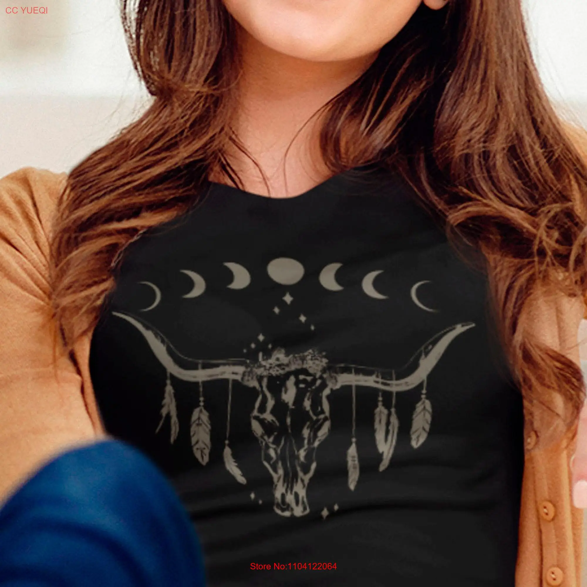 Boho Cow Skull T Shirt Clothing Moon Phases PrinT Howdy Western Cowgirl long or short sleeves