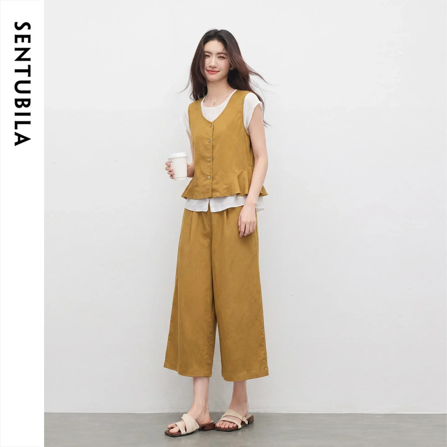 SENTUBILA Summer Two Pieces Outfits Woman 2026 Korean Style Color Block Blouse Cropped Wide Leg Trousers Women's Sets W62ZA7975