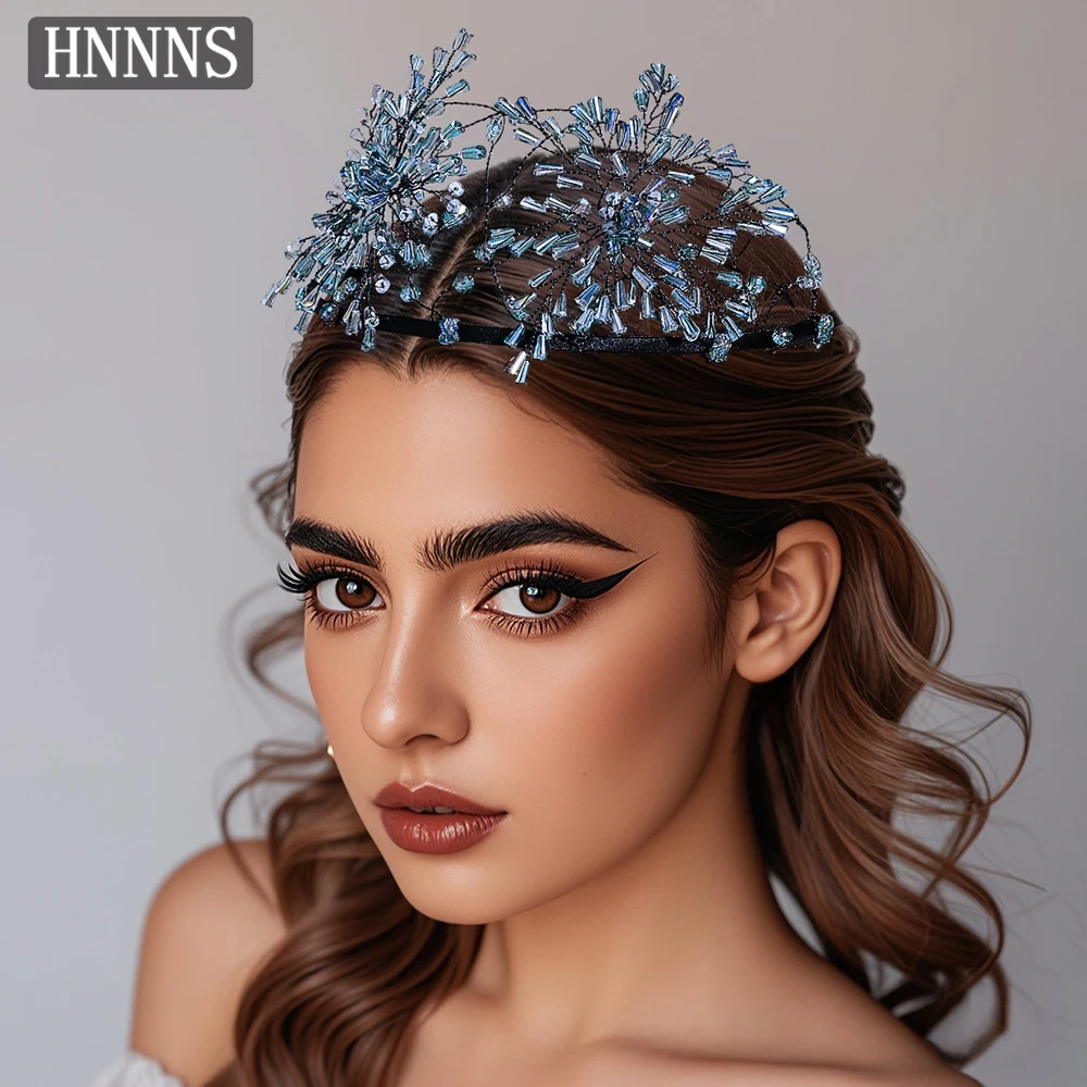 

HNNNS Crystal Flowers Headband Handmade Beaded Headdress Light Luxury Blue Headpiece Trendy Bride Wedding Hair Accessories A112