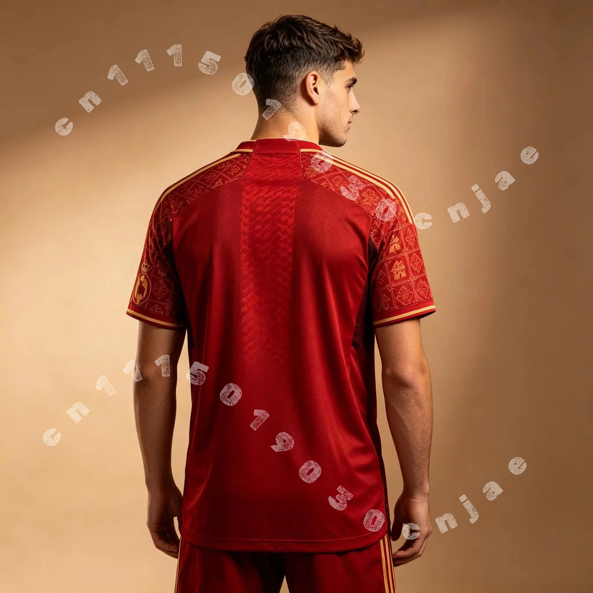 Schnell trocknendes Fußballtrikot für Herren, rotes Fußball-Fan-T-Shirt mit goldenem Stier-Kathedralen-Prägedruck und kurzen Ärmeln für den Trainingssport – Detail 4