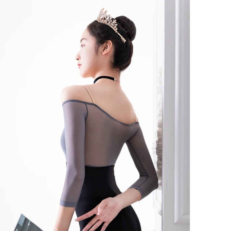 

Черные кружевные балетные трико для взрослых и женщин с длинными рукавами, гимнастические боди для йоги, нейлоновая танцевальная одежда для практики