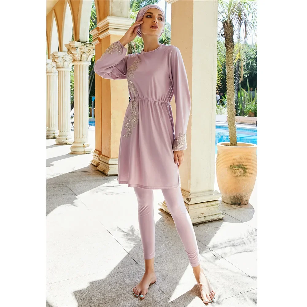 Burkini Arabe 3 Pièces pour Femme Musulmane, Ensemble de Maillots de Bain, Hijabs, Manches sulf, Pantalon en Y, Chapeau, Vêtements de Plage Islamiques, Couverture Complète