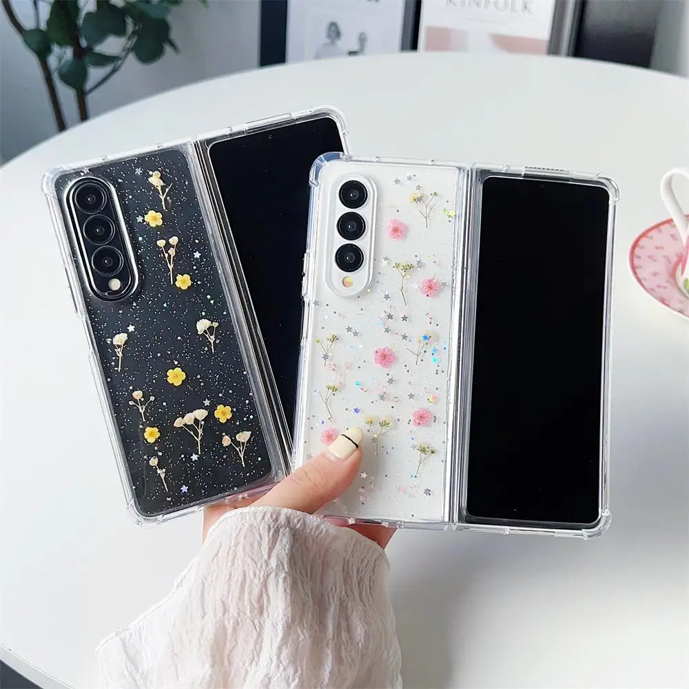 For Samsung Galaxy Z Fold 4 3 ZFold4 Case Real Dried Flowers Transparent Four Corners Shockproof Soft Silicone Protective Cover