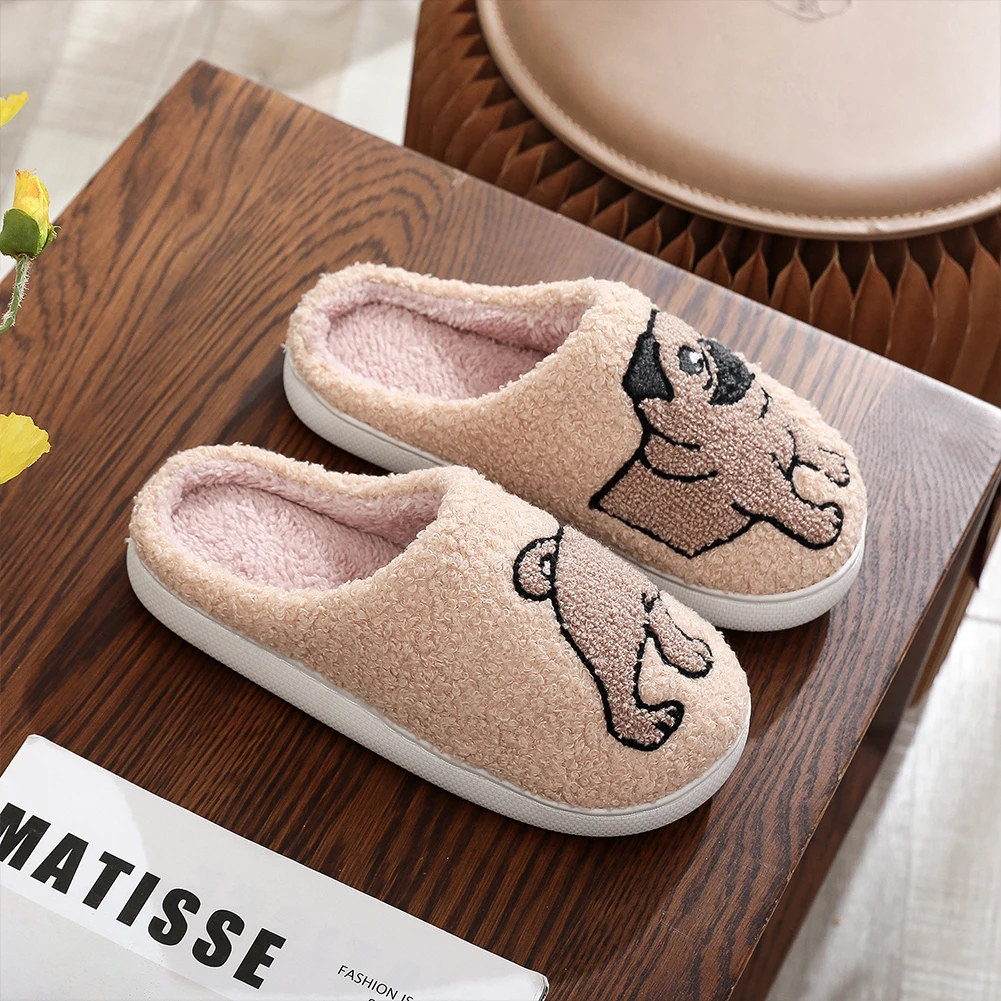 Plush Pug Slippers Comfortable Slip-on House Shoes Anti Slip Flat Thermal Slippers Fluffy Couple Slippers for Autumn Winter