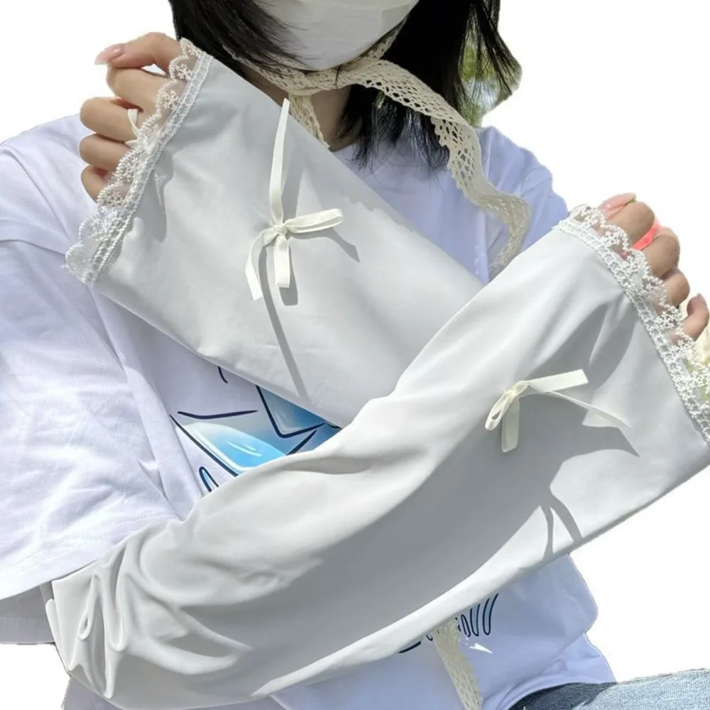 Cute Bow Ice Silk Arm Sleeves Flared UV Protection Sunscreen Arm Sleeves Lace Cuff Solid Color Cycling Arm Cover Summer
