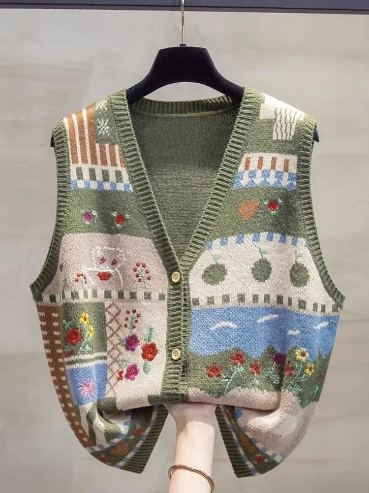 V-neck Knitted Cardigan Vest for Women 2023 Spring Autumn Cartoon Loose Outer Wear Vest Graffiti Sweater Vest Tide Top