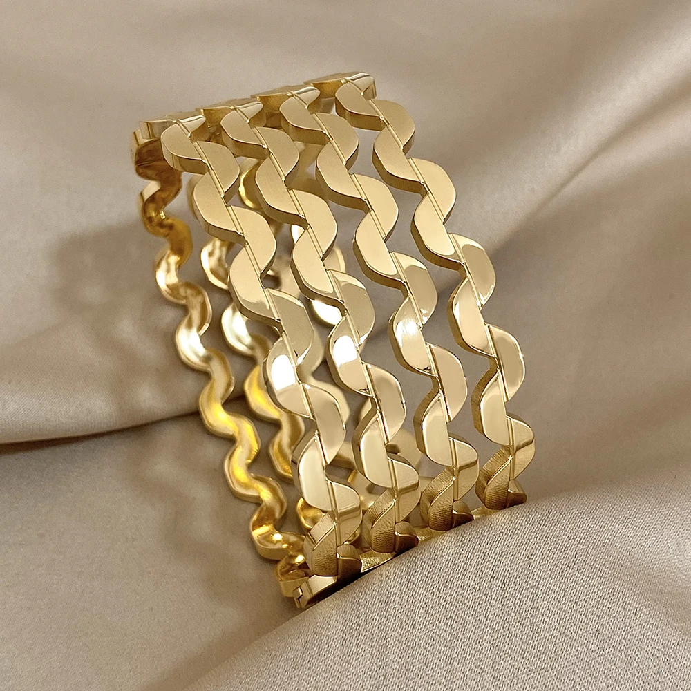 ALLYES Trend Stainless Steel Gold Silver Color Cuff Bangles Bracelets Geometric Wave Multilayer Wide Bracelet Waterproof Jewelry