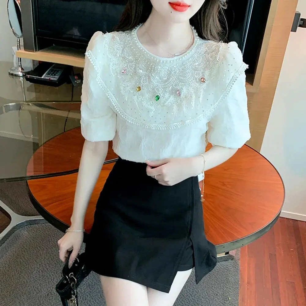 Sequined Shirts 2023 Summer New Blouses For Women Korean Style Beads Rhinestones Lace Straight Tops Female Sweet Chiffon Blusas