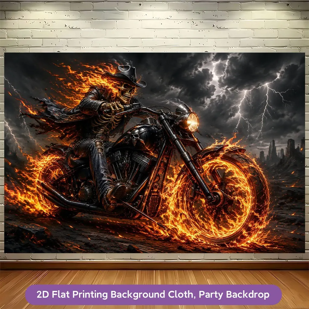 Ghost Rider Skeleton Fire Motorcycle 2D Flat Tapestry Backdrop For Biker Room Decor Halloween Horror Wall Hanging Art Print