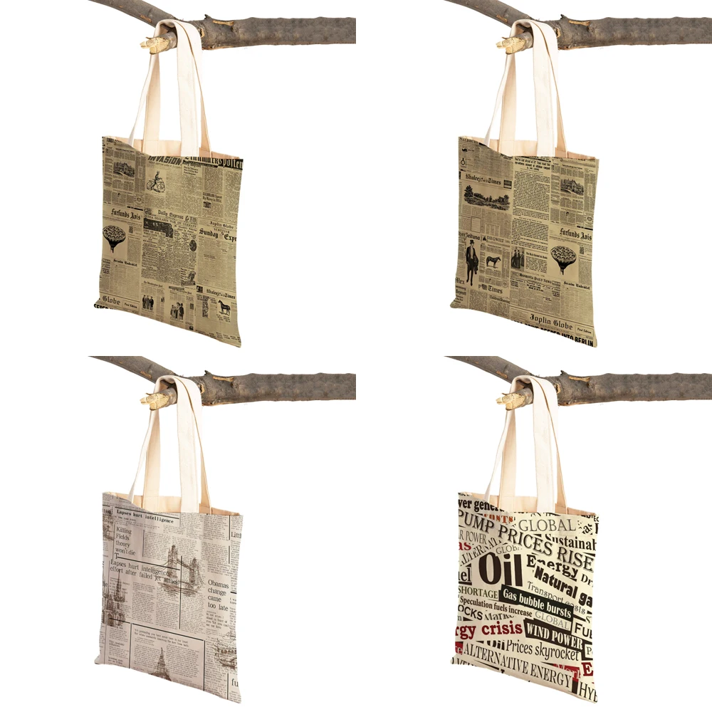 Vintage Newspaper Travel Women Shoulder Bags Folding Canvas Cartoon Lady Handbags Both Printed Girl Tote Shopping Bag