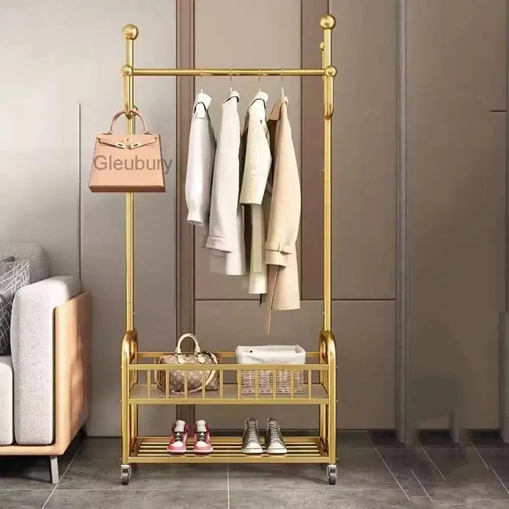 Stylish Balcony Bedroom Clothes Rack Space Saving Golden Robust Metal Frame With Wheels Perfect For Kids Room Home Accessories