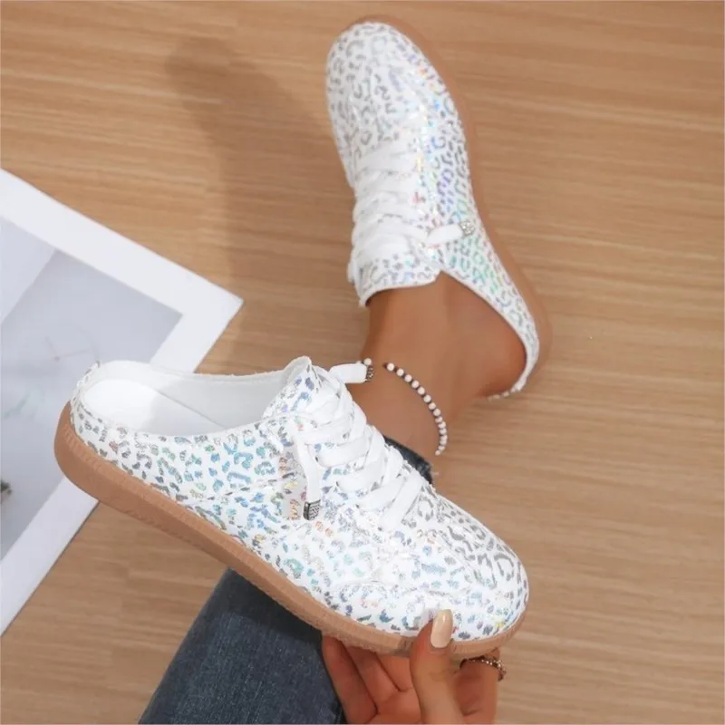 Detail Shimmer Leopard Printed Women's Casual Sports Slippers Summer New Round Toe Splice Lace-up Soft Sole Wrapped Toe Women's