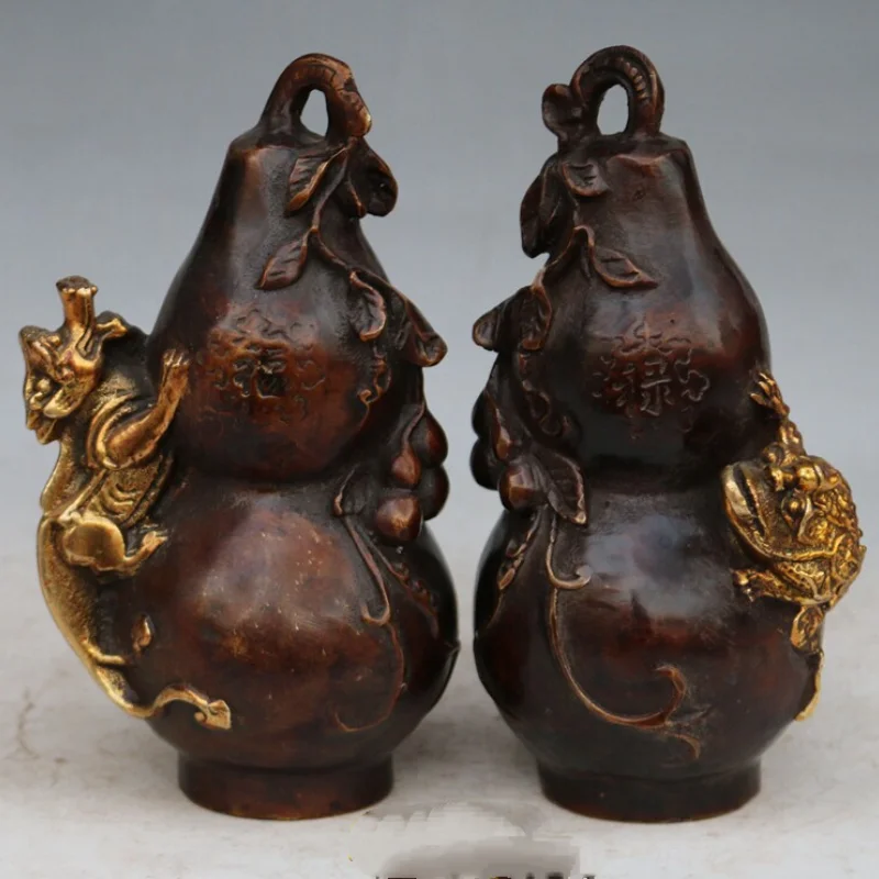 Pair Brass Gourd Feng Shui Pi Xiu Toad Wealth Attracting Fortune Statue Chinese Fengshui Fu Lu Calabash Home Ornament