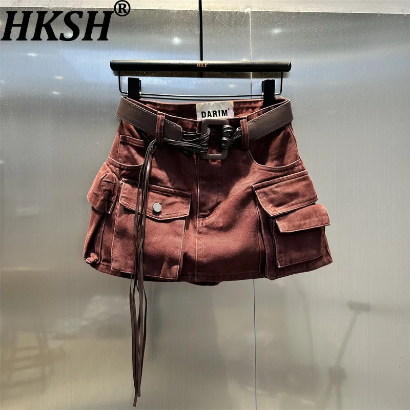 Falda Corta para Mujer HKSH, Estilo Safari con Múltiples Bolsillos, Corte en A, Estiliza, Versátil, Estilo Retro Americano, Falda Vaquera Urbana de Verano HK22420