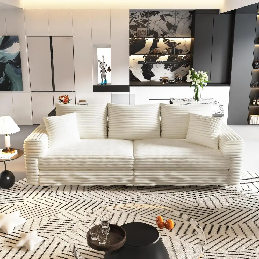 

82.7" Plush Corduroy 3-Seat Sofa: Comfy Cloud Couch with Soft Pillows for Home, Beige/White