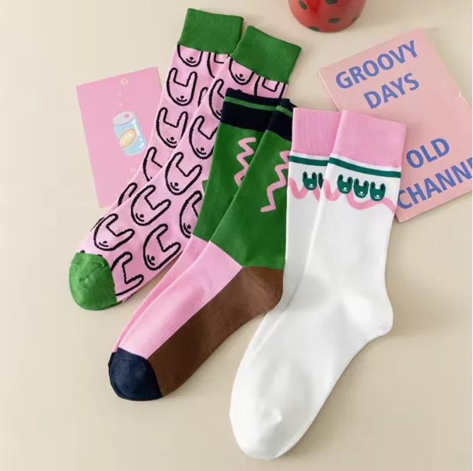 1 Pair Women's Kawaii Cotton Socks - Pink Green Harajuku Socks Abstract Cartoon Print All Season Casual Crew Socks
