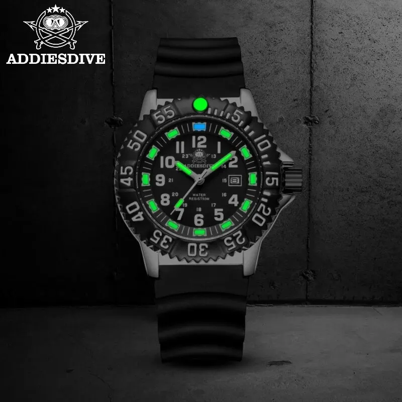 Addies Dive Men Fashion Casual Watch Calendar Display 50m Waterproof Tube Luminous Watch Black Dial Rotating Bezel Quartz Watch