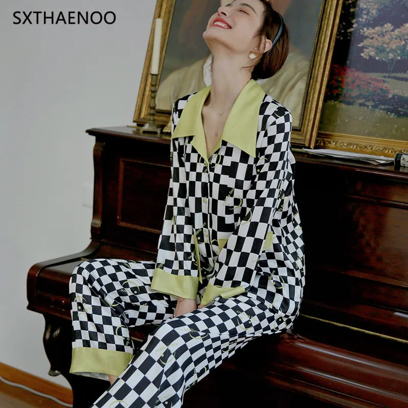 

SXTHAENOO Ice Silk Pajamas for Female Satin Vintage Printed Sleepwear Long Sleeve Green Chessboard Women's HomeSuit 2 Pieces Set